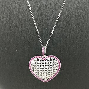 Genevieve 14K Plated Silver CZ with Pink Outline Heart Necklace